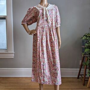 Vintage 90s Laura Ashley Pink Floral Dress Collar Cottagecore Pockets Size 8